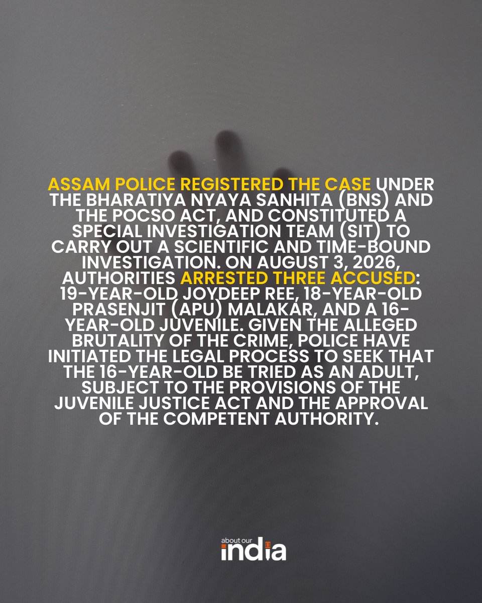 about_our_India's tweet photo. A 15-year-old girl was allegedly raped and murdered in Assam's Hailakandi district. Three accused have been arrested, and an SIT is investigating the case.

#Assam #Hailakandi #Justice #CrimeNews https://t.co/iYSnZrfXlr