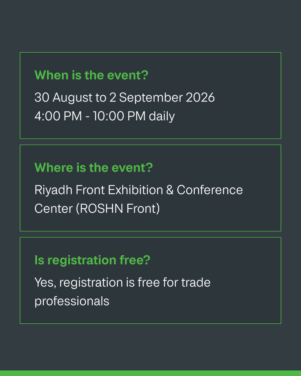 thebig5saudi's tweet photo. Whether it's your first visit or you're returning, these quick FAQs will help you get ready for four days of sourcing, networking and discovering the latest products, solutions and innovations across the construction industry.

Register now to visit:
https://t.co/ERc6hVbx1s

📅 30 Aug – 2 Sep 2026
📍 Riyadh Front Exhibition & Conference Center

#Big5Saudi #Construction #KSAConstruction