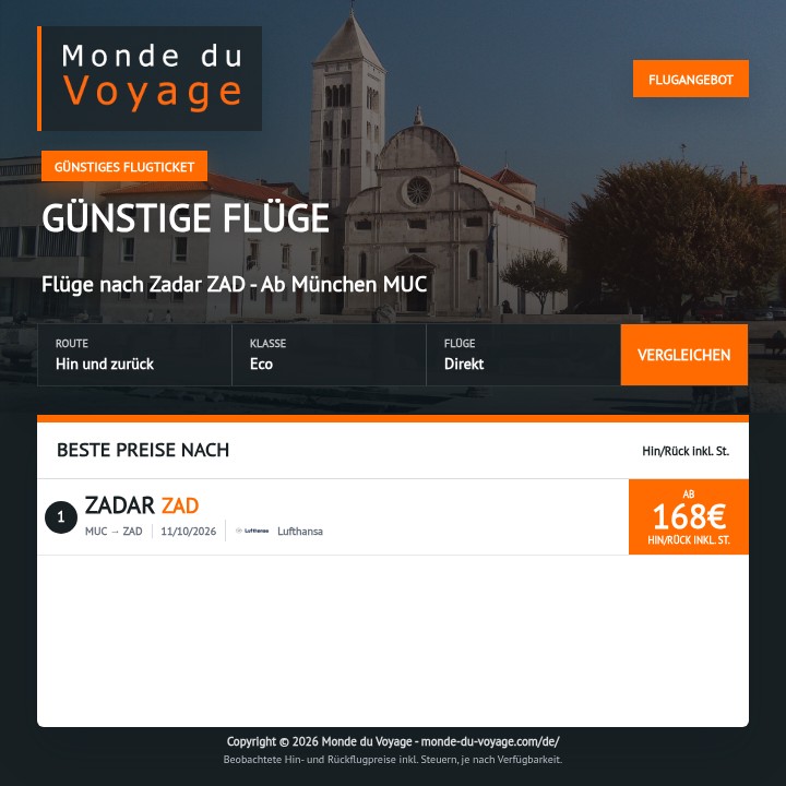 Monde_du_Voyage's tweet photo. München–Zadar direkt mit Croatia Airlines ab 201€ ✈️ Schnell ans Adriatische Meer, ohne Umstieg. #Zadar #Reise https://t.co/9hgeyBkgmj https://t.co/vhdgs2jPZU