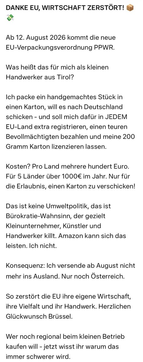 zoller_marco's tweet photo. NEU
 #EU -Verpackungsverordnung (PPWR), die ab 12.08.2026 in allen Mitgliedstaaten gilt, steigen die Pflichten und Kosten für den grenzüberschreitenden Versand für Unternehmer massiv an.
eine EU-weite Verpackungslizenzierung ist wirtschaftlich bei geringem Versand  nicht tragbar https://t.co/538YVCptUG