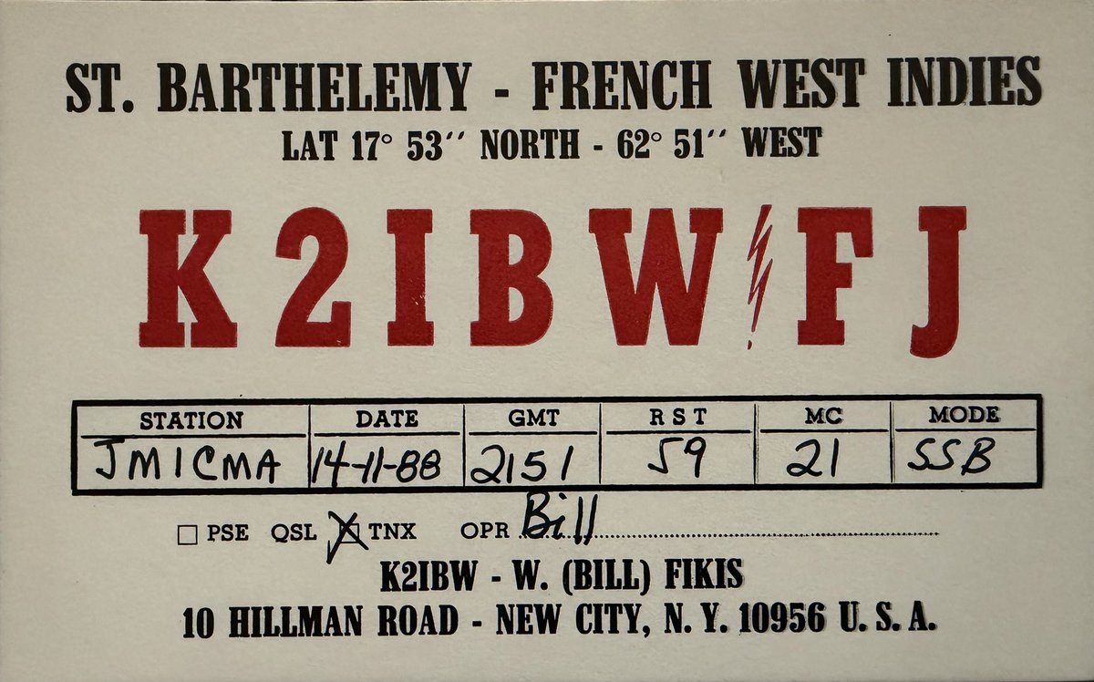 JM1CMA's tweet photo. 初 SAINT BARTELEMYはこれ  
1988年 のQSO  
#初QSO https://t.co/qy2ymvJfwc