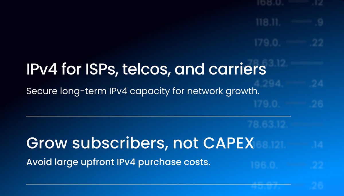 IPXOcom's tweet photo. Our limited-time IPv4 offer helps you plan ahead with a fixed rate of $3 per IP per year for a minimum 3-year term, alongside the flexibility and operational support you need.

Learn more 🔗 https://t.co/9B4Jc2WuRz

#IPXO #IPv4 #NetworkInfrastructure #InternetInfrastructure https://t.co/03W0iTjcH5