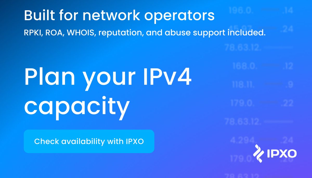 IPXOcom's tweet photo. Our limited-time IPv4 offer helps you plan ahead with a fixed rate of $3 per IP per year for a minimum 3-year term, alongside the flexibility and operational support you need.

Learn more 🔗 https://t.co/9B4Jc2WuRz

#IPXO #IPv4 #NetworkInfrastructure #InternetInfrastructure https://t.co/03W0iTjcH5