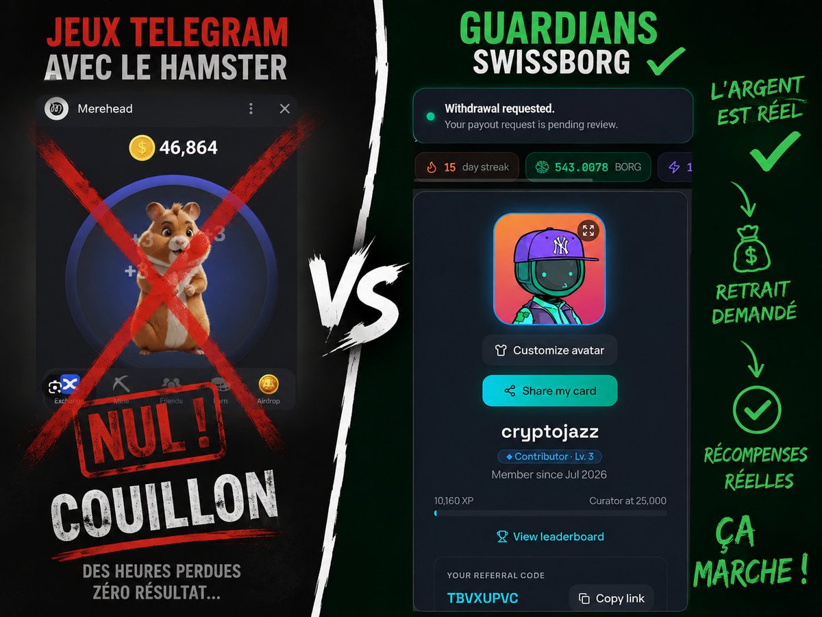 hyjazzz's tweet photo. À l'époque du dernier bull run, j'ai passé des heures sur des jeux #Telegram en pensant gagner des récompenses... Résultat : pratiquement rien de concret. 😅

Avec #SwissBorg, c'est différent : les récompenses sont bien réelles. J'ai déjà demandé un retrait, et les $BORG gagnés ont une vraie valeur. Ça fait plaisir de voir qu'il existe encore des projets qui récompensent réellement leur communauté. 🚀💚

Je pense que lors du prochain #bullrun ca THE GAME !!!! 

Joins us 👇
https://t.co/XnPoR1UL9s

 #BORG #Crypto #Web3 #Airdrop #PlayToEarn #weareswissborg