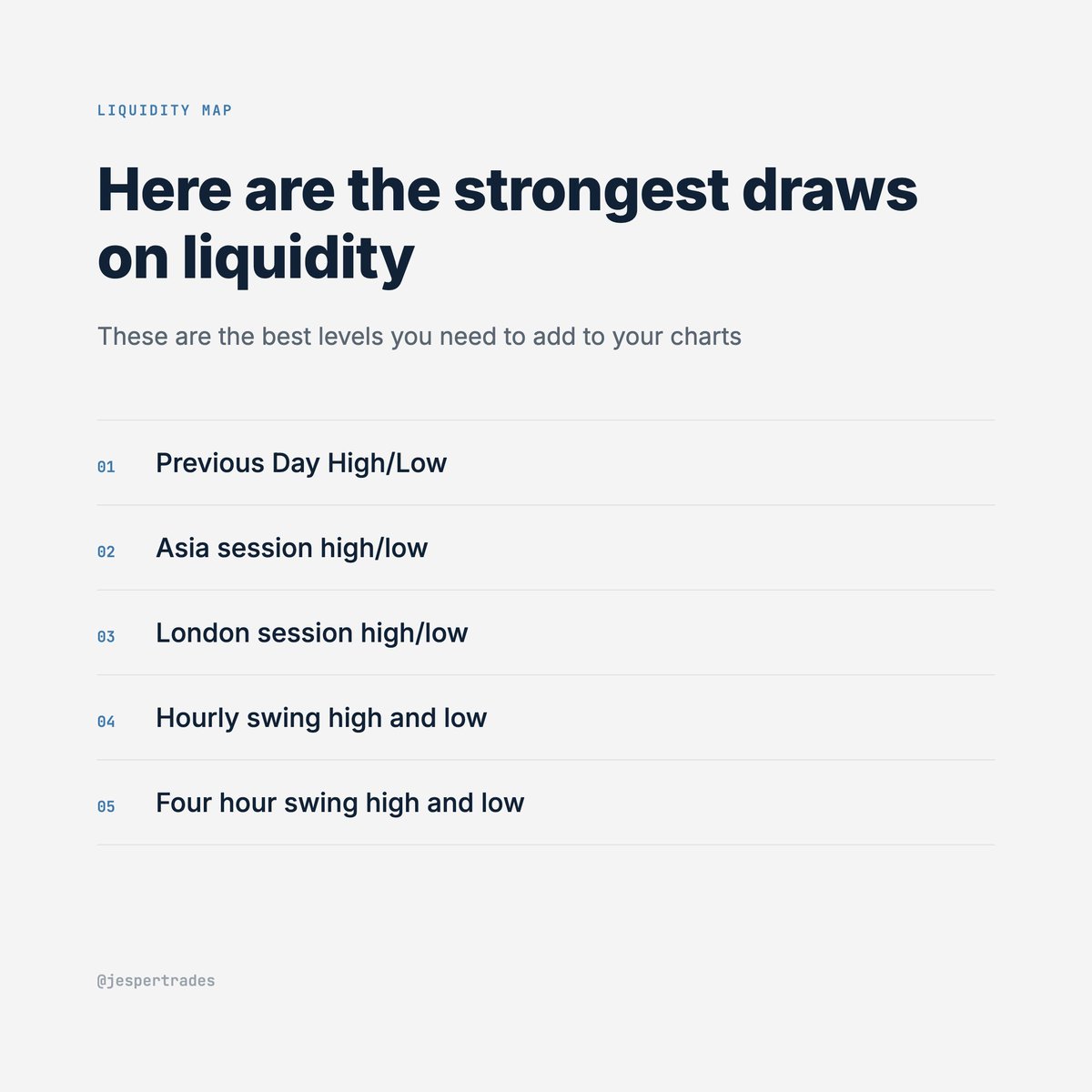 JesperTrades's tweet photo. The best levels you need to have on your charts 🚨

- Previous Day High/Low 
- Asia session high/low
- London session high/low 
- Hourly swing high and low 
- Four hour swing high and low

Add these levels to your chart, and see how price reacts 🔥 https://t.co/9sSiBjpqJn