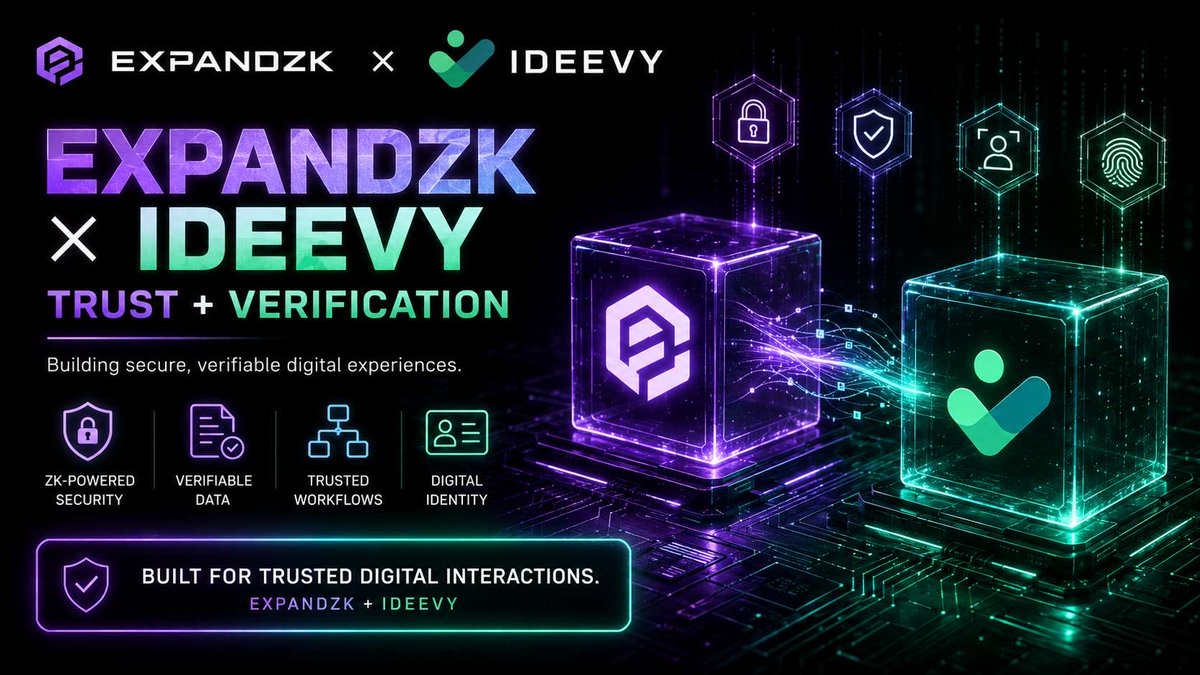 Expandzk's tweet photo. ExpandZK × @Ideevycom 🤝

Ideevy brings digital verification and identity-focused workflows.
ExpandZK brings trustless authentication and ZK-powered security.

Together, we’re building secure, verifiable digital interactions for the next generation of Web3. https://t.co/tmu76HUqg8