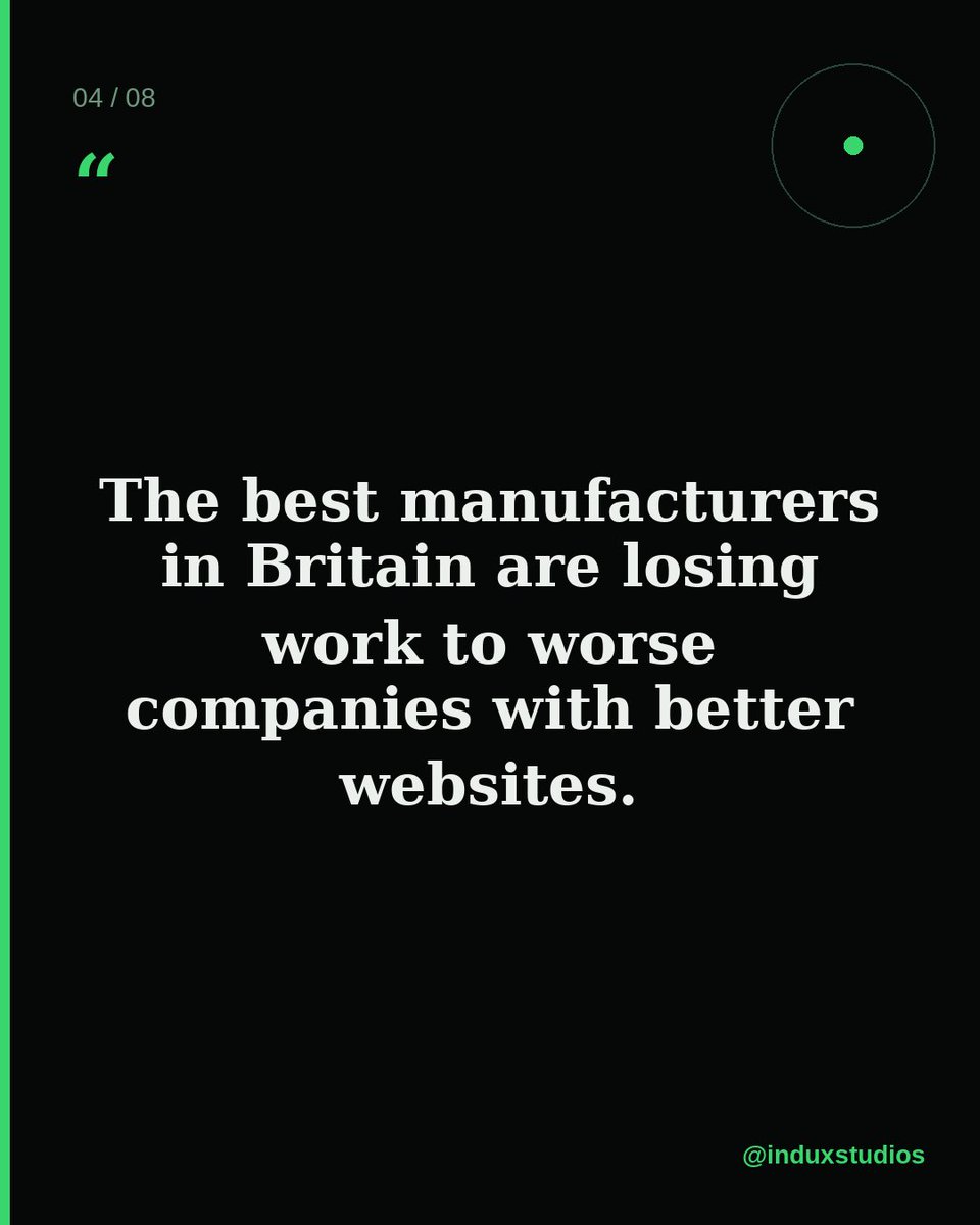InduxStudios's tweet photo. Your machines are decades ahead. Your website is decades behind. Swipe and tell me I’m wrong.

#manufacturingUK #industrialdesign #b2bmarketing #websitedesign #seostrategy #ukmanufacturing #digitalpresence #b2bwebsite https://t.co/guktpdByPK