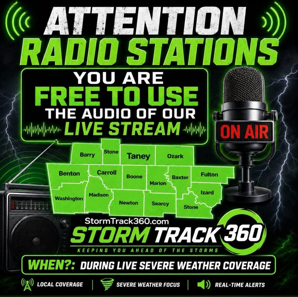 StormTrack360Wx's tweet photo. ‼️ATTENTION: ALL RADIO STATIONS IN OUR COVERAGE AREA‼️
You All have Our Permission to use our LIVE STREAM Severe Weather Coverage Audio!

You Do NOT Need to Ask! Feel Free to Reach Out If You Use Our Audio and We Will Add Your Radio Station Logo showing You As A Partner Severe Weather Station!

Please Look at our Coverage Map to make Sure We Cover Your Area!

Here is Our Audio Link When We Are LIVE: https://t.co/9Rdz0O892O

#StormTrack360 #OzarksWx #ozarksweather #ARWX #mowx #ArRadio #ozarksradio