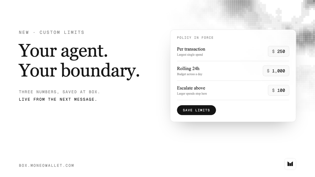 use_mwa's tweet photo. New today: your agent's limits are yours to set.

Open https://t.co/mYqOBfWGsO and set three numbers. A per-transaction cap. A daily budget. An escalation line.

Claude trades inside your rules from the very next message. No restart, no reconnect, no redeploy.

Your agent, your boundary.
