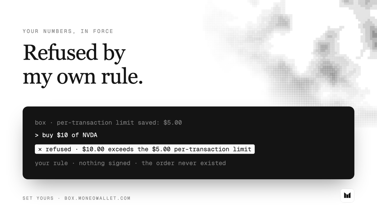 use_mwa's tweet photo. I gave my agent a $5 limit.

Then I asked it to buy $10 of NVDA.

Refused, citing my rule, before anything was signed. The order never existed.

Set yours at https://t.co/A3JSeIsZkX https://t.co/hbm9kEg4L9