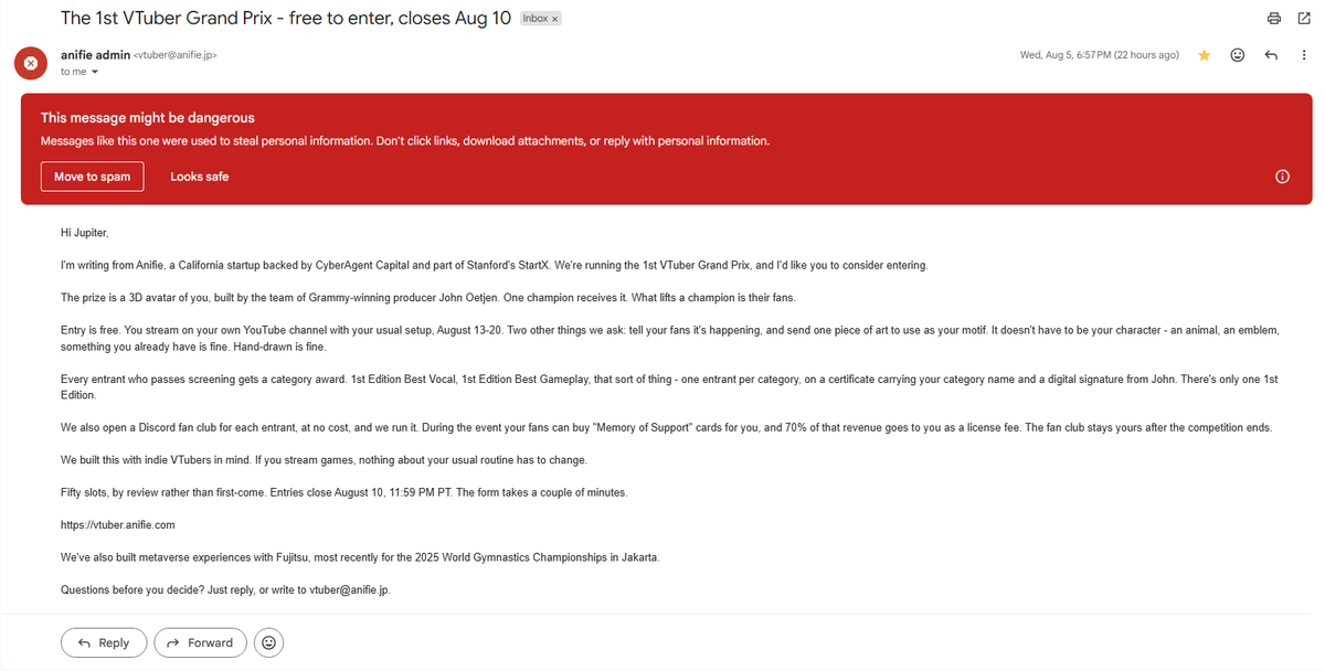 JPTR_twt's tweet photo. 🚨 PSA to VTubers 🚨
I received an incredibly suspicious email in my business inbox from a company called Anifie. (see below)
They are claiming to be hosting a 'Vtuber Grand Prix' and offering a 3D model as a prize.
I immediately saw red flags, and decided to look into them.
1/5 https://t.co/SB030J8GRU