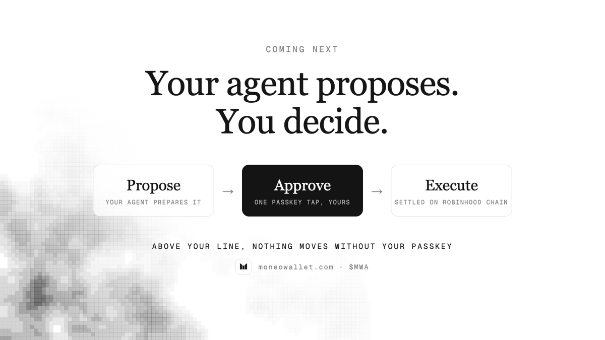 use_mwa's tweet photo. Right now, a spend above your escalation line gets refused.

Soon, it will wait instead.

Your agent prepares the trade. It lands in your approvals. One passkey tap executes it on Robinhood Chain.

Your agent proposes. You decide. https://t.co/rQveBSTWnq