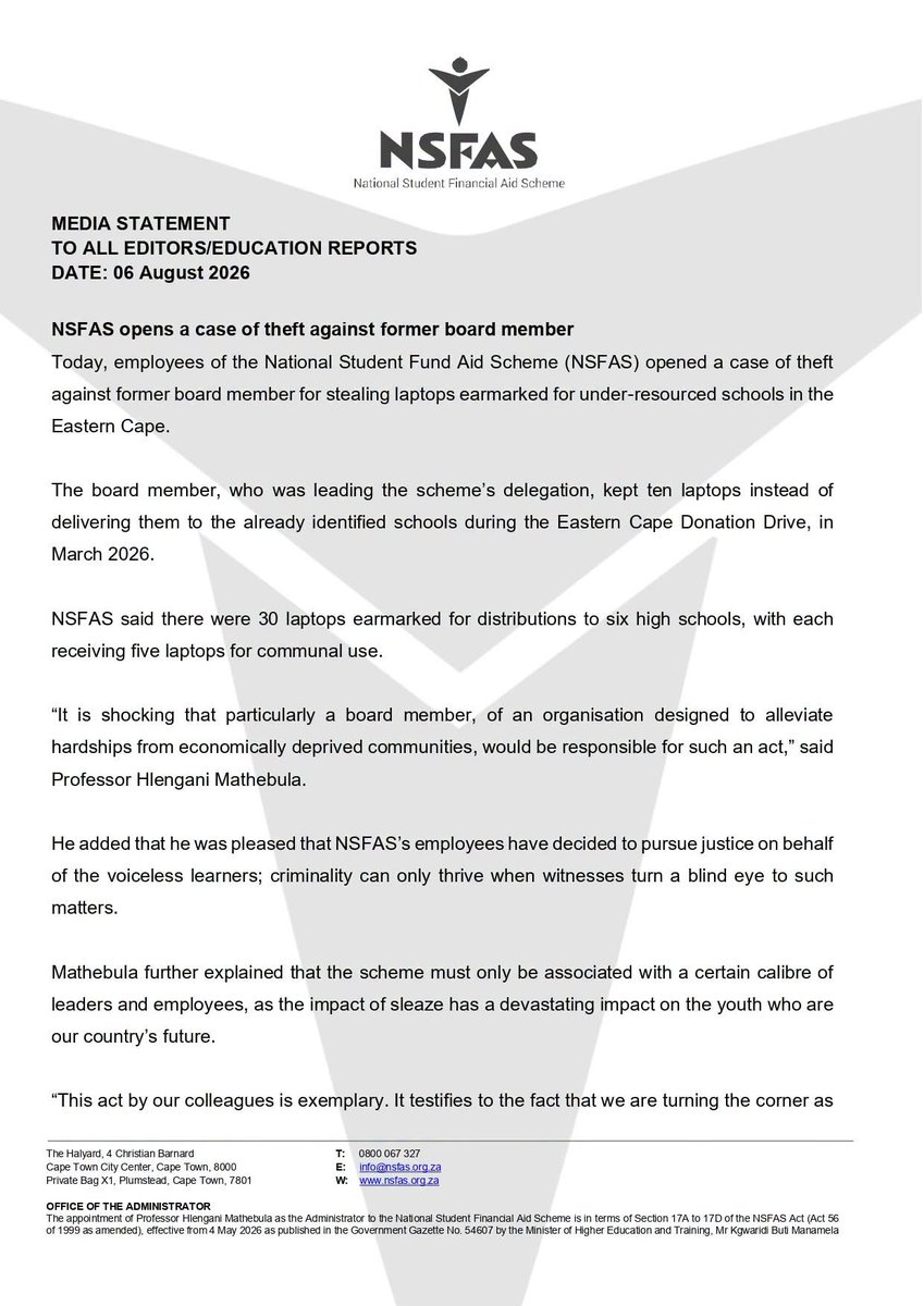 myNSFAS's tweet photo. Media Statement Release |  06 August 2026 - NSFAS opens a case of theft against former board member #NSFAS2026 https://t.co/nPvBBvv1C8