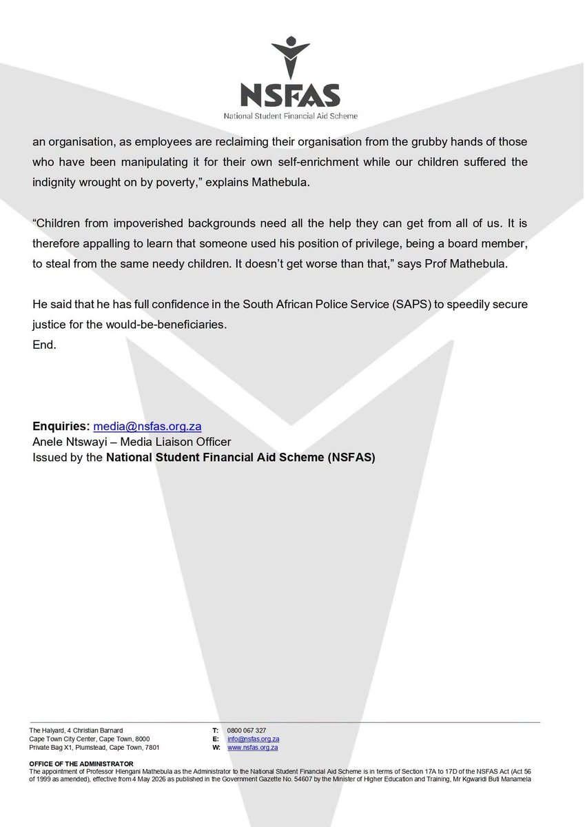 myNSFAS's tweet photo. Media Statement Release |  06 August 2026 - NSFAS opens a case of theft against former board member #NSFAS2026 https://t.co/nPvBBvv1C8