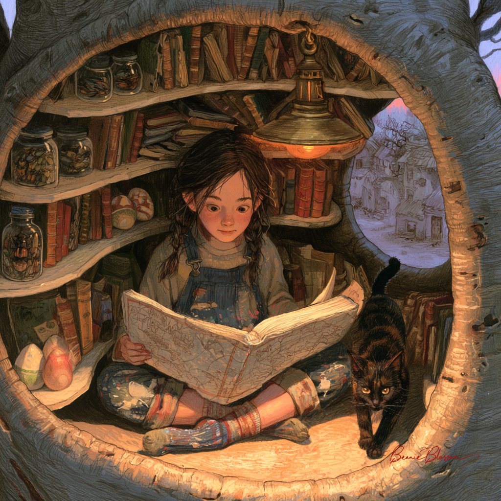 BeanieBlossom's tweet photo. Prompt: A graphite and colored pencil illustration on cream textured paper of a girl sitting cross-legged inside a hollow baobab transformed into a tiny library. Curved shelves hold worn books, jars of pressed beetles, and painted wooden eggs. A brass lamp casts warm amber light over the large illustrated atlas in her lap. Wearing paint-stained overalls, mismatched socks, and loose braids, she reads while a tortoiseshell cat squeezes through the round doorway. Outside, lavender dusk settles over a quiet village.

Feel free to join in :)

#AIArtWork #AIArt #AIArtists #AIArtCommunity #PromptShare