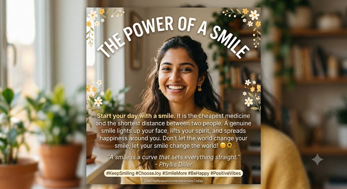 tylerjace828's tweet photo. 🌟 The Power of a Simple Smile
> "A smile is a curve that sets everything straight." — Phyllis Diller
> 
Never underestimate the magic of a genuine smile. It costs nothing, yet it holds the power to brighten someone’s darkest day, heal silent wounds, and bridge gaps without saying a single word.
When you smile, you not only change your own mood, but you also light up the room around you. It’s the most beautiful thing you can wear—no makeup or outfit can ever match the grace of a warm, authentic smile.
✨ Quick Reminder for Today:
 * It’s contagious: Spread positivity wherever you go.
 * It’s healing: It reduces stress and lifts your spirit.
 * It’s a universal language: Everyone understands a kind smile.
So whatever you’re going through today, take a deep breath, keep your head up, and don't forget to smile! 😊✨
🏷️ Hashtags for your post:
#KeepSmiling #PositivityVibes #SmileMore #SpreadJoy #DailyInspiration #LifeIsBeautiful