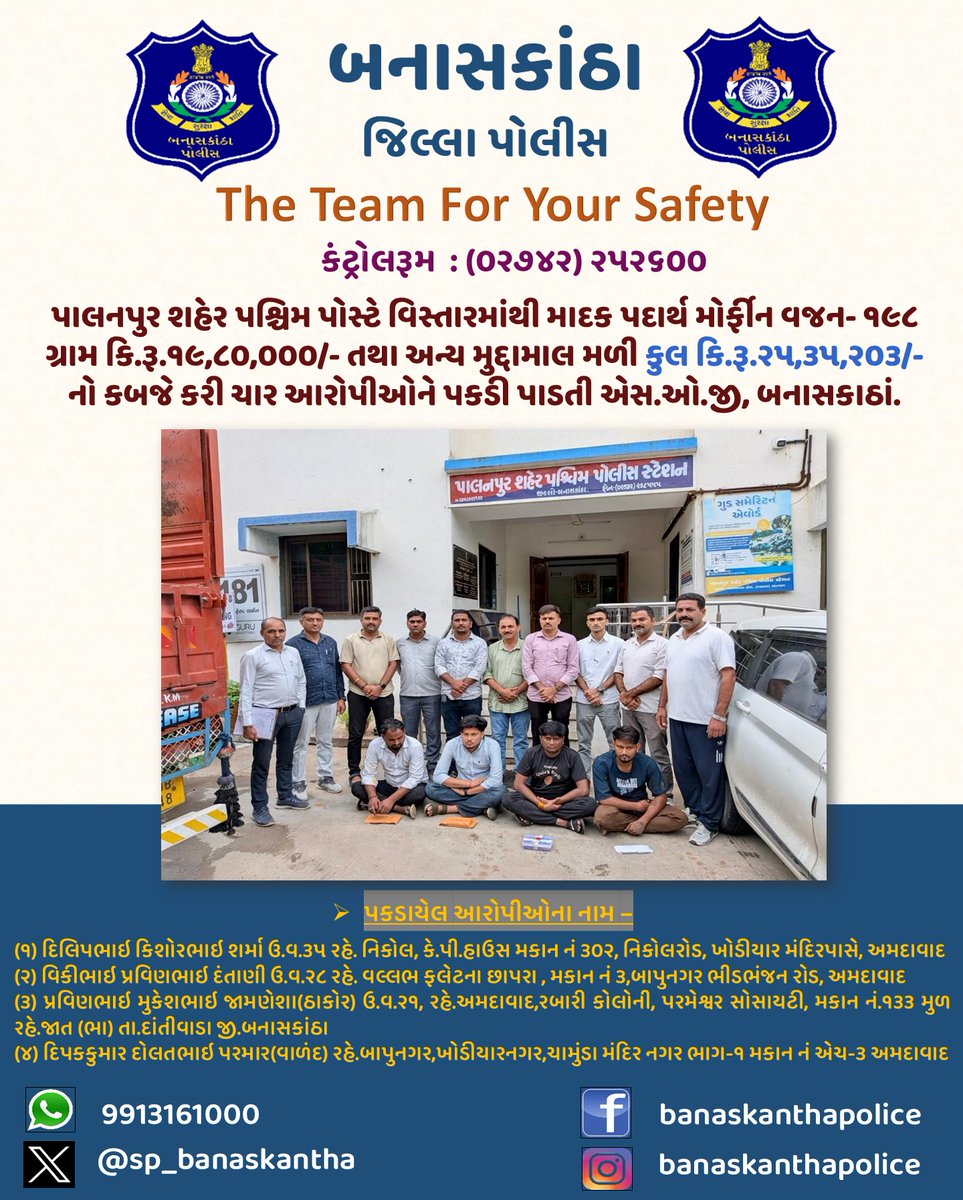 SP_Banaskantha's tweet photo. પાલનપુર શહેર પશ્ચિમ પોસ્ટે વિસ્તારમાંથી માદક પદાર્થ મોર્ફીન વજન- ૧૯૮ ગ્રામ કિ.રૂ.૧૯,૮૦,૦૦૦/- તથા અન્ય મુદ્દામાલ મળી કુલ કિ.રૂ.૨૫,૩૫,૨૦૩/- નો કબજે કરી ચાર આરોપીઓને પકડી પાડતી એસ.ઓ.જી, બનાસકાઠાં. 
#Narcotics #banaskanthapolice 
@sanghaviharsh @dgpgujarat @GujaratPolice @CMOGuj https://t.co/p1RCmRAN1w
