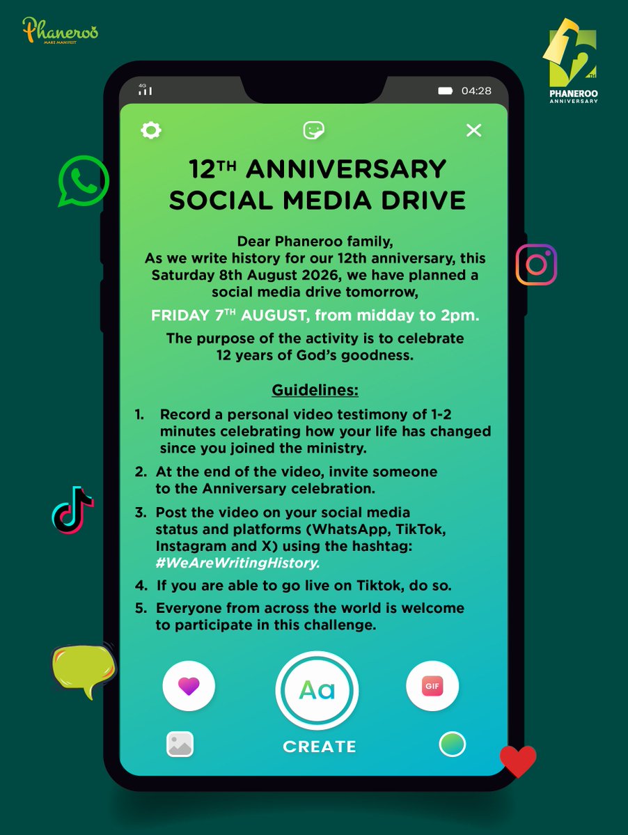 Phanerookampala's tweet photo. 📲📡 PHANEROO 12TH ANNIVERSARY SOCIAL MEDIA DRIVE

Dear Phaneroo Family,

As we prepare to write history together this Saturday, 8th August, join our Social Media Drive scheduled for TOMORROW Friday, 7th August, from Midday to 2:00 PM.

📌 Guidelines for this Challenge:
▪️ Record a 1–2 minute personal testimony 🎥 about the ministry's impact to your life.
▪️ End the video by inviting someone to the Anniversary Celebration. 🎉
▪️ Post it on your status and platforms like WhatsApp, TikTok, X and Instagram using the hashtag:
#WeAreWritingHistory
▪️ If possible, you can go live on TikTok too.

📌The purpose of this challenge is to celebrate 12 years of God's goodness, and it's open to everyone across the world. 🌐

Communications, PMI