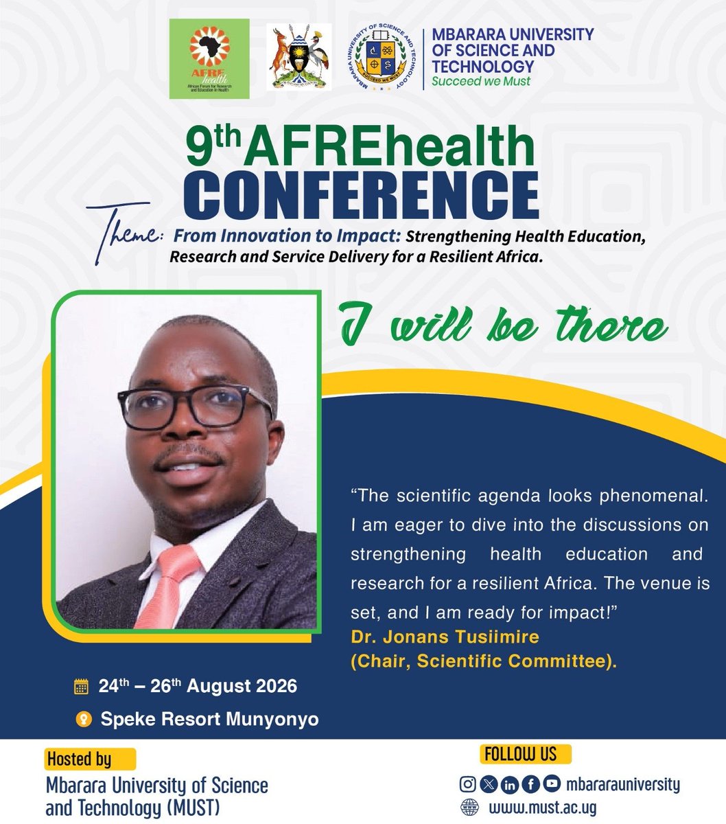 JTusiimire's tweet photo. Dear health professionals and interested members of the public, please register for this year's 9th AFREhealth conference scheduled to take place from 24-26 August 2026 at Speke Resort Munyonyo. @afrehealthorg stands for African Forum for Research and Education in Health and is currently headed by Prof. Nelson Sewankambo, former Principal of Makerere College of Health Sciences. This year's edition is jointly organised by @MbararaUST in collaboration with @afrehealthorg, and I am chairing the Scientific Committee. We have an excellent lineup of plenaries, oral and poster presentations, and in-conference and side-workshops. Registration link: https://t.co/SdgJQO2wrI