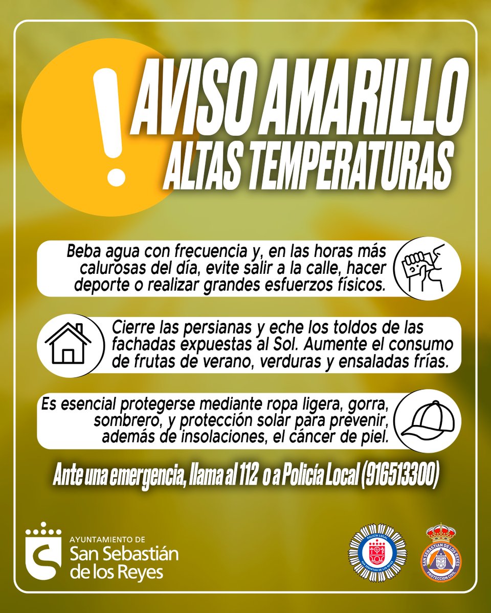 sansecomunica's tweet photo. 🟡📢 AVISO | La AEMET ha emitido un aviso amarillo para el día de hoy, entre las 13 y las 23:59h, por altas temperaturas que alcanzarán hasta los 36 grados.

Recuerda seguir las recomendaciones y, ante un caso de emergencia, llamar al 112 o a Policía Local 916 513 300. https://t.co/PXuz4SFDSW