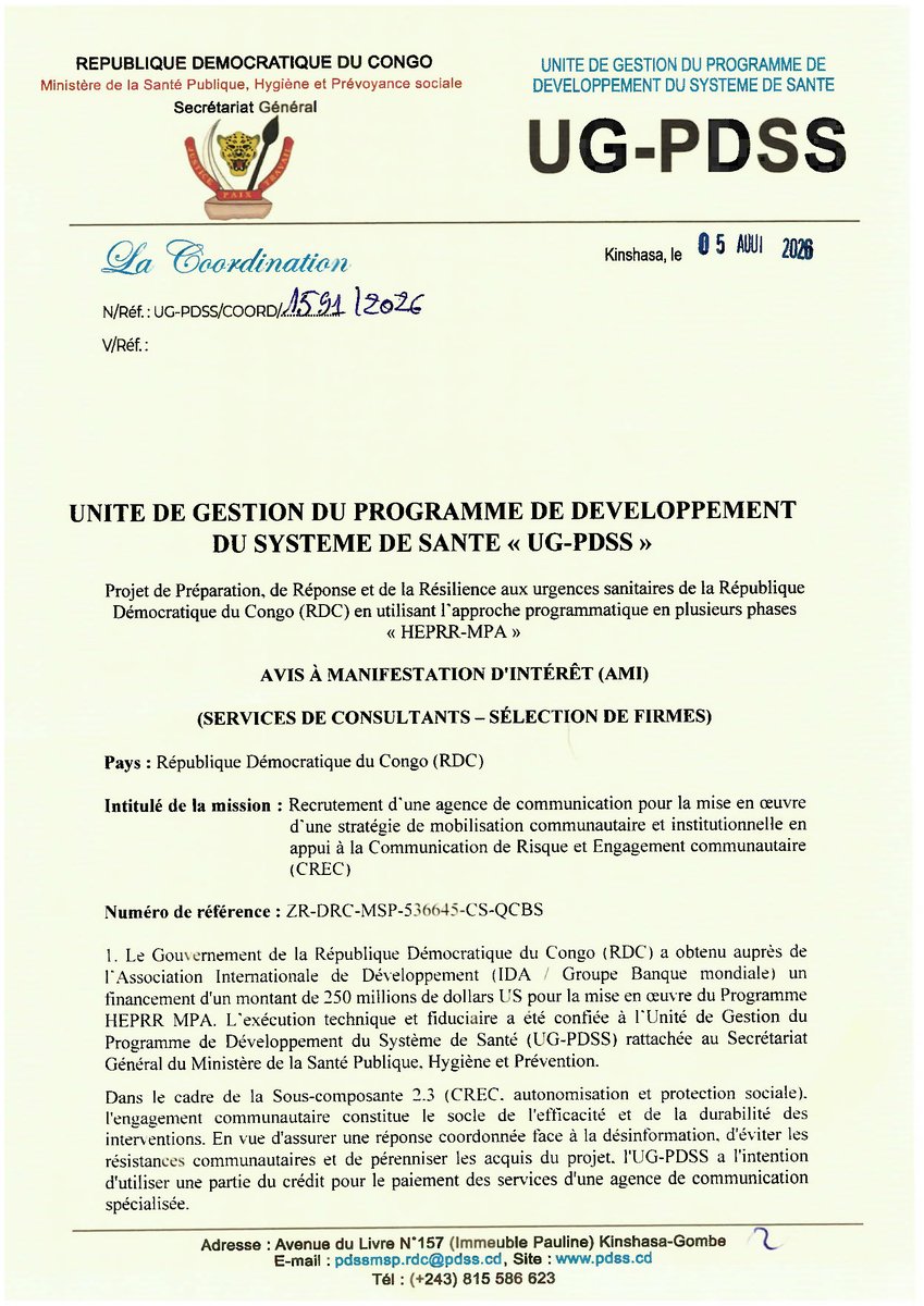 ugpdss's tweet photo. Recrutement d’une agence de communication pour la mise en œuvre d’une stratégie de mobilisation communautaire et institutionnelle en appui à la Communication des Risques et à l’Engagement Communautaire (CREC)

https://t.co/g6xLvIltqR https://t.co/oMjRvdw3iL