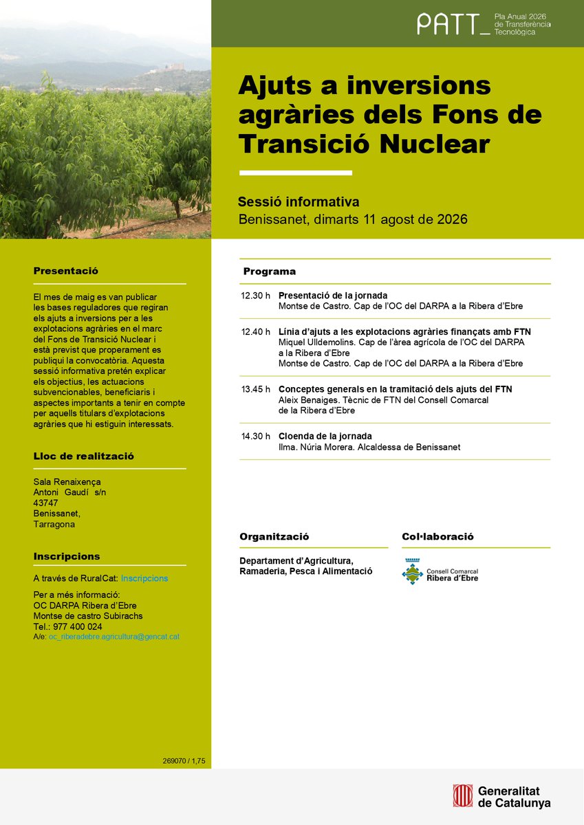 ruralcat's tweet photo. 📌Jornada tècnica: Ajuts a inversions agràries dels Fons de Transició Nuclear

📍Benissanet
🗓️11 d'agost 
🕘12:30 h
https://t.co/qhNIyz9TIj

@agriculturacat https://t.co/aDHuLYmTNk