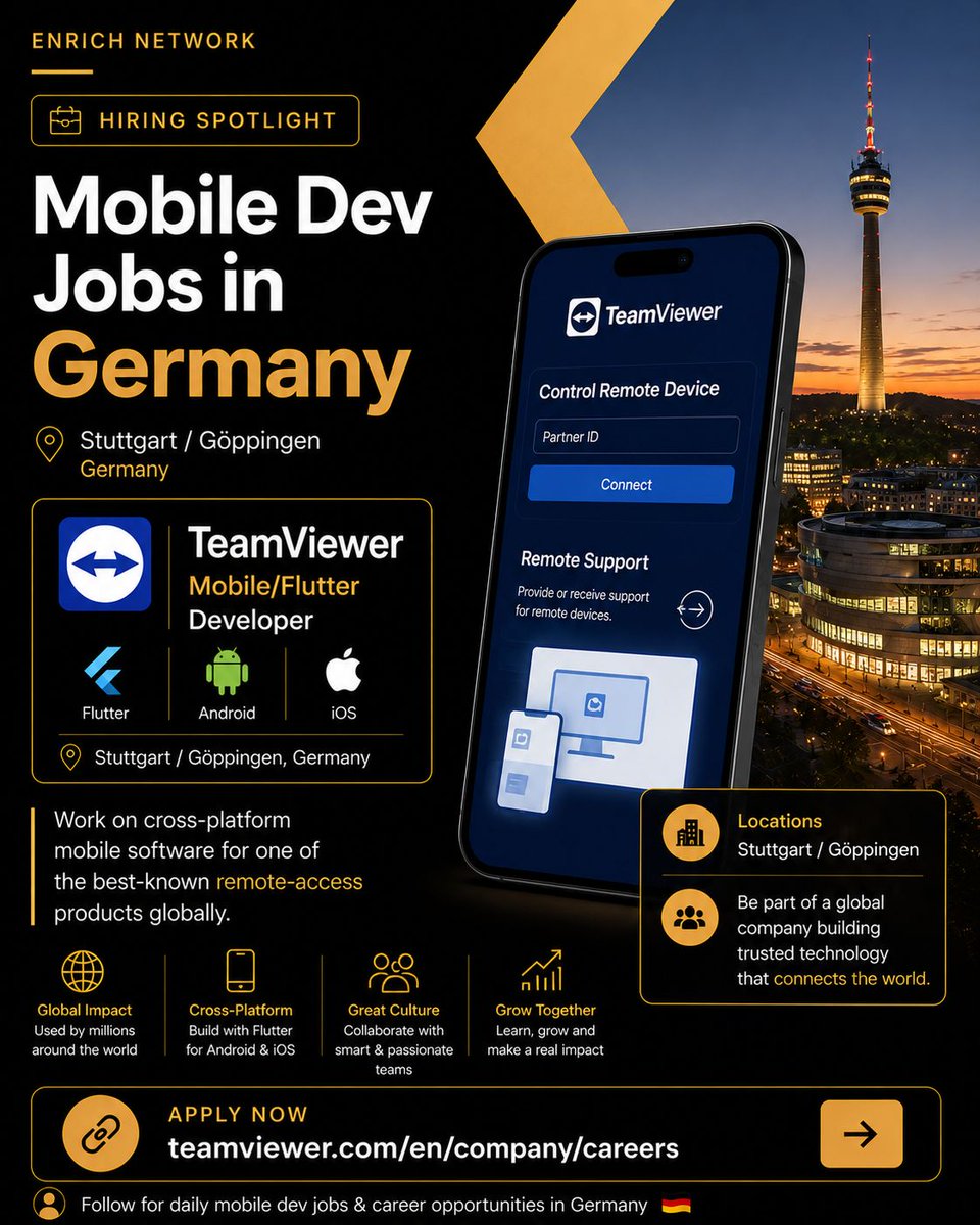 EnrichNetwork's tweet photo. 🚀 Hiring in Germany 🇩🇪

TeamViewer is hiring a Mobile / Flutter Developer in Stuttgart / Göppingen.

Build cross-platform mobile software powering one of the world's leading remote connectivity platforms.

🔗 https://t.co/et0hqeRa2n

#GermanyJobs #Flutter #TeamViewer https://t.co/DIkCTl5JqJ