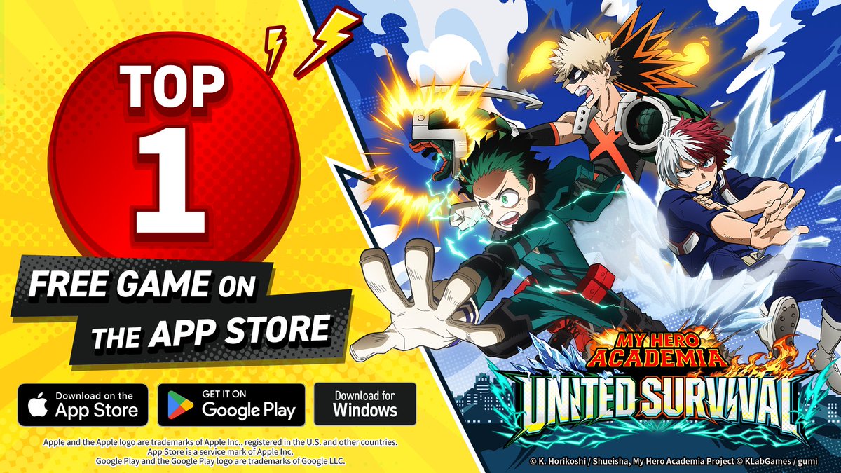 KLab_EN's tweet photo. New "My Hero Academia" Game App "My Hero Academia UNITED SURVIVAL" Reaches No. 1 on the App Store Top Free Games Chart!
https://t.co/7dc1T4UfKK
#OnTheAppStore @AppStore @MHA_HS_en https://t.co/o3y1fP6XIg