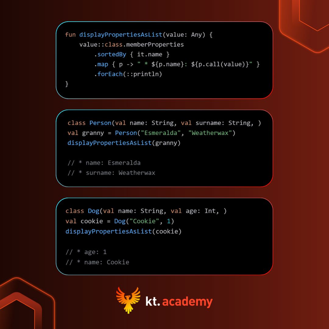 marcinmoskala's tweet photo. Reflection is a powerful tool that allows us to inspect classes and use their methods. To transform an object into a string, we can use reflection to get all properties and their values. https://t.co/S41XpIfUn6