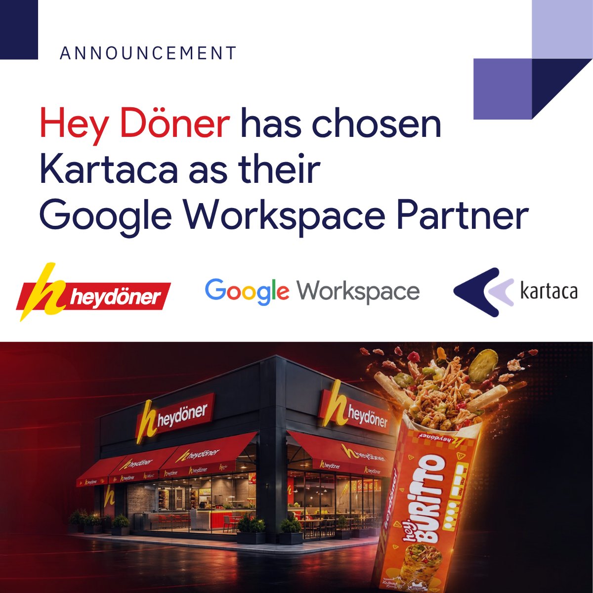KartacaOfficial's tweet photo. By partnering with #Kartaca on #GoogleWorkspace, Hey Döner will migrate seamlessly from legacy email services, expand cloud storage, centralize AI use with secure, enterprise-grade tools, and drive cost-effective collaboration across its headquarters & growing franchise network. https://t.co/sxd9RJDzzR