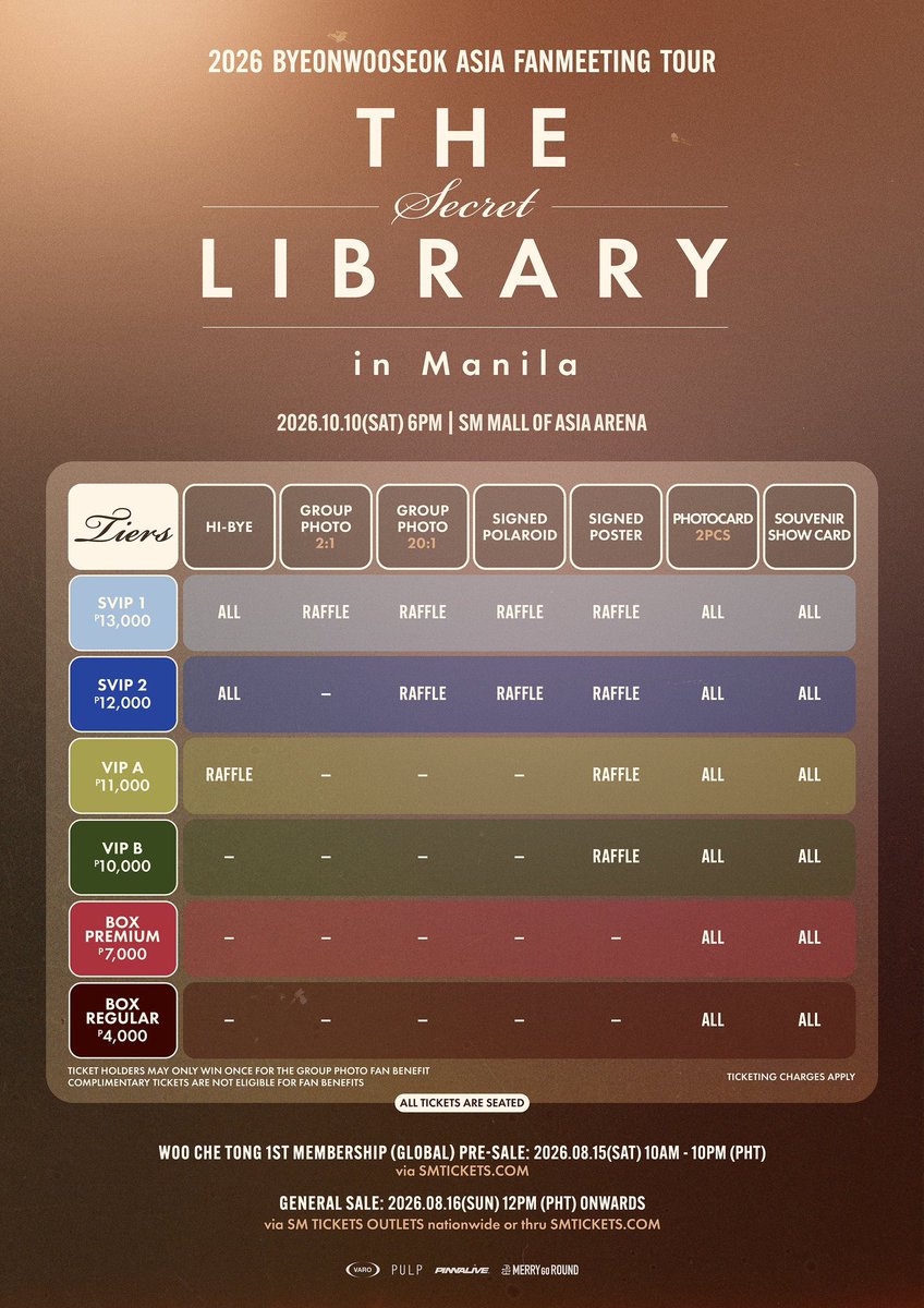 tpabysvn's tweet photo. OPEN for TICKET ASSISTANCE!

2026 ByeonWooSeok Asia Fanmeeting Tour <The Secret Library> in Manila

 🎫 ticket/s secured under your account &amp; name
🌟 no ticket secured = no tpa fee
☺️ very minimal assistance fee

dm us!

🔖 tpa htb help to buy ph concert pasabuy proxy service https://t.co/WYryKeT2KC