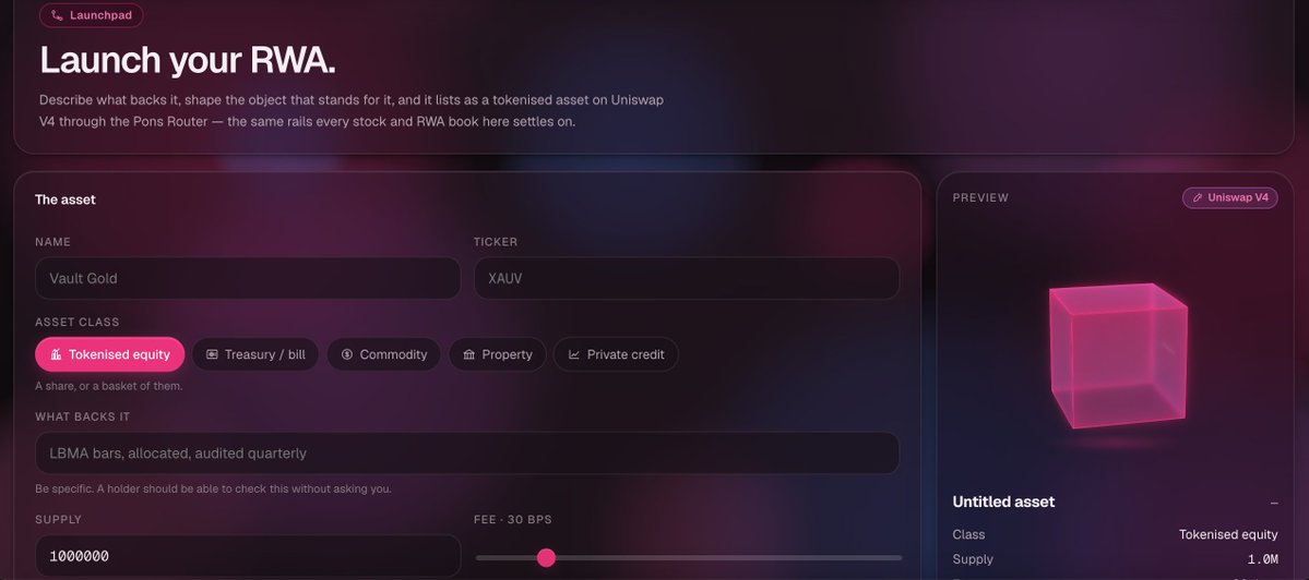 robincastfi's tweet photo. devlog 001 router-first deployment

Robincast is now the first token deployed on Pons through the Ponspedia Router API.

The important part is where the deployment started.

The launch request was assembled outside the Pons interface, passed programmatically through Ponspedia, and routed into Pons for deployment. This is the first proof that Pons can operate as callable market infrastructure, not only as a launch page that humans manually click through.

Current build:
`/markets`
Outcome books across stocks, crypto, RWAs, politics, sports, economics, and AI. Every YES/NO price represents the market’s current probability, backed by visible volume and liquidity.
`/launch`
Configure an asset’s name, ticker, class, backing, supply, and fee logic. The asset is previewed client-side and routed toward Uniswap V4 through the same Pons rails used by the platform. Launch your RWA : https://t.co/57LDl8YZGL
`/live`
A real-time order-flow map and execution tape. Every fill becomes observable market state instead of disappearing behind a static chart.
`/robinland`
A spatial ownership layer where market value becomes terrain. Plot height represents scarcity, colour reflects value, and ownership is recorded through deeds.

These are not separate features. They are four views of the same system, beliefs become prices, assets become liquidity, fills become live data, and market value becomes ownable territory.

Current focus is hardening router receipts, automatically indexing API-deployed assets, and unifying positions, fills, launched assets, and deeds beneath one wallet state.

0xc0C07517675080269651De36bAb282558DfD0f93

The first token was the first successful call.
