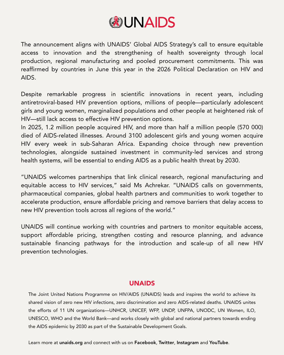 UNAIDS's tweet photo. New monthly HIV prevention pill, in late-stage trials, could provide a giant step forward in stopping new HIV infections. 

If proved effective, UNAIDS highlights that speed, affordability and equitable access will be critical.

Read press release: https://t.co/jiRXiGJpMZ https://t.co/0R6H7SSIJU