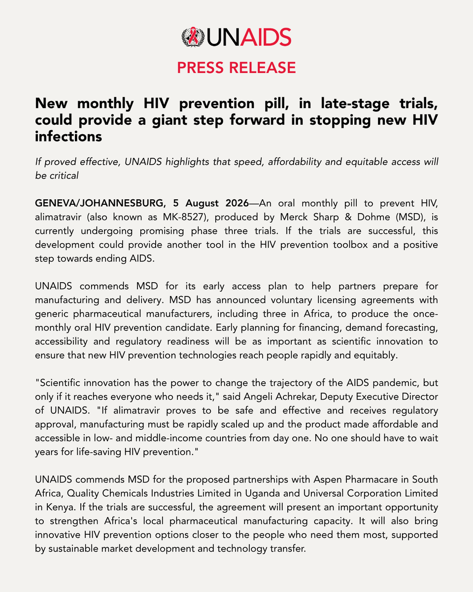 UNAIDS's tweet photo. New monthly HIV prevention pill, in late-stage trials, could provide a giant step forward in stopping new HIV infections. 

If proved effective, UNAIDS highlights that speed, affordability and equitable access will be critical.

Read press release: https://t.co/jiRXiGJpMZ https://t.co/0R6H7SSIJU