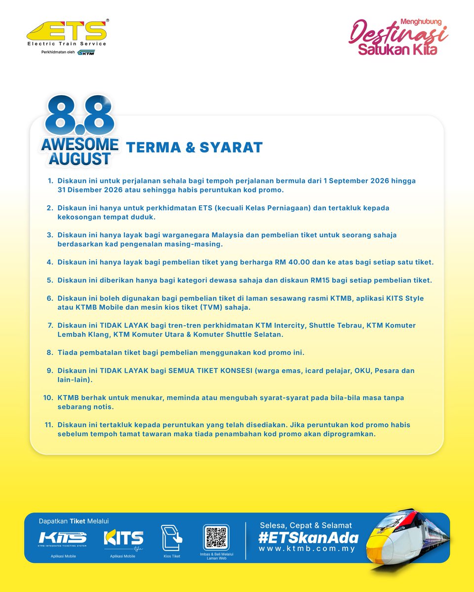 ktm_berhad's tweet photo. Bersedia untuk 8.8 AWESOME AUGUST! Esok, 8 Ogos 2026 bermula jam 12.15 pagi.
Tarikh perjalanan: 1 September – 31 Disember 2026
Jangan lepaskan peluang ini. 𝘓𝘰𝘤𝘬 tarikh dan 𝘴𝘦𝘵 𝘢𝘭𝘢𝘳𝘮 anda esok!
*Tertakluk kepada terma & syarat.
#KTMB #ETS #ETSkanAda #AwesomeAugust https://t.co/4OYhu8fe8Q