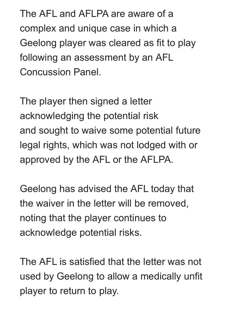 cleary_mitch's tweet photo. Key parts of joint AFL/AFLPA statement below. The Geelong Football Club not sanctioned by the League 
@7NewsMelbourne @7AFL https://t.co/fb6OaS6eXt