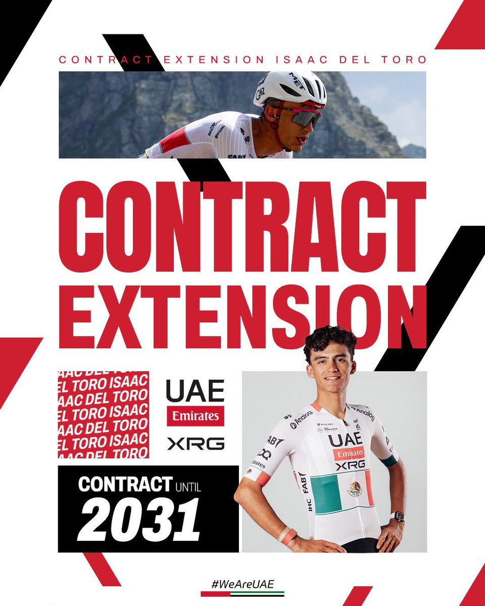 TeamEmiratesUAE's tweet photo. TORITO × 2031 ✍️🇲🇽🦅

We’re delighted to announce that @ISAACDELTOROx1 has signed a new long-term contract with UAE Team Emirates-XRG, extending his stay with the team until the end of 2031.

Committed to our future 🤝

#WeAreUAE https://t.co/xbtDYG9E9R