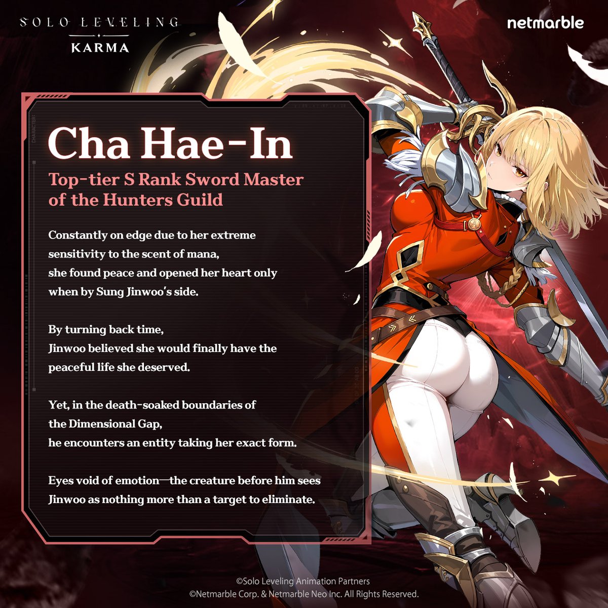 Sololv_KARMA's tweet photo. ✏️「Solo Leveling: KARMA」Character Introduction｜Cha Hae-In

「Hae-In...?」

All ties with Cha Hae-In were supposed to fade after using the Cup of Reincarnation.
Yet, something taking her exact form has emerged in the death-soaked 【Dimensional Gap】.

Trapped in a tragic web of fate—
Can Sung Jinwoo truly grant her eternal rest?

#SoloLevelingKARMA #soloLeveling #ChaHaein