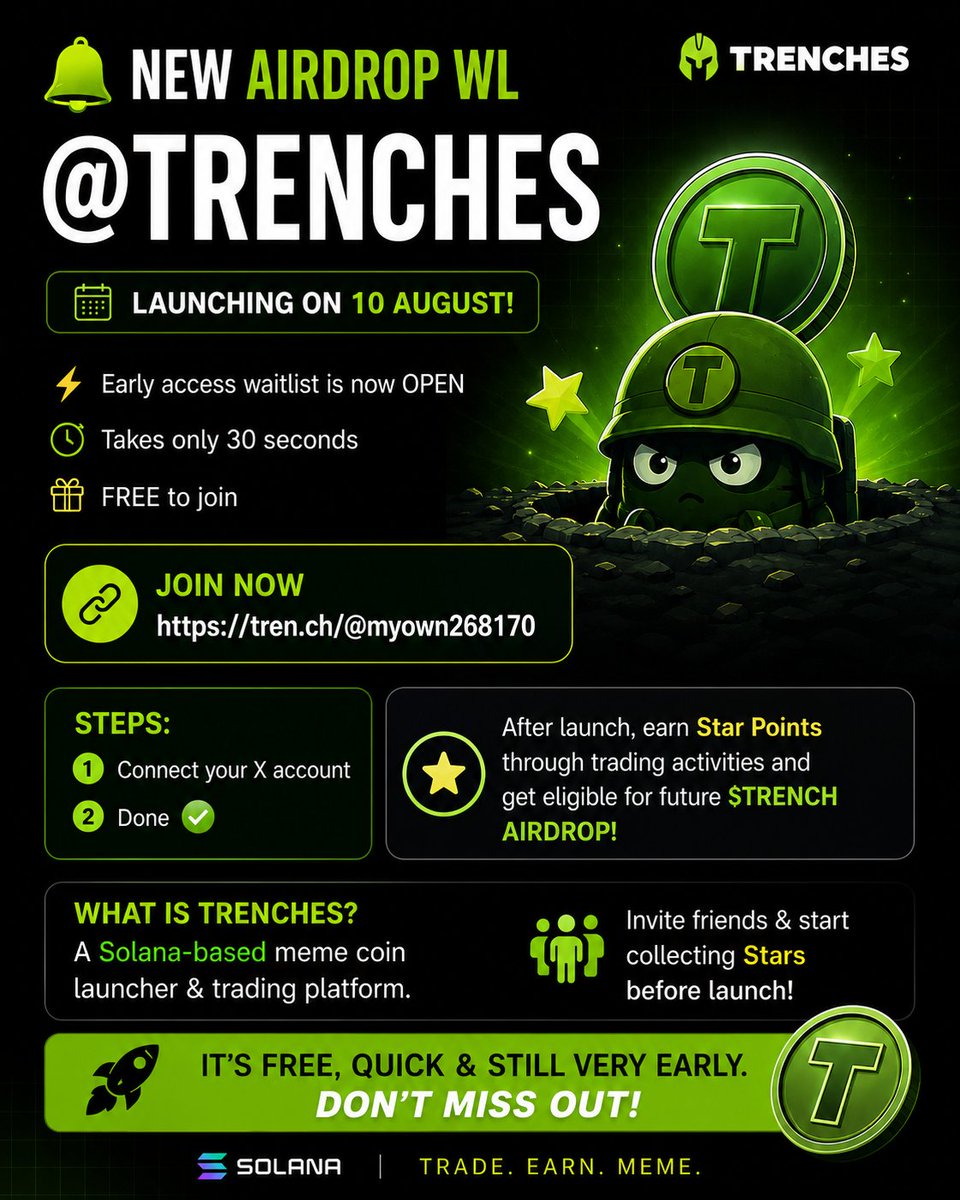 myown268170's tweet photo. 🛎️ New Airdrop WL — @trenches
🚀 Launching 10 Aug⏱️ Takes only 30 sec💸 Free to join
https://t.co/dGi0ULujDV
Connect your X account and you’re done ✅
Earn Star Points after launch and potentially qualify for a future $TRENCH airdrop.
#Airdrop #Solana #Crypto #TRENCH https://t.co/TI8cZTKCDN