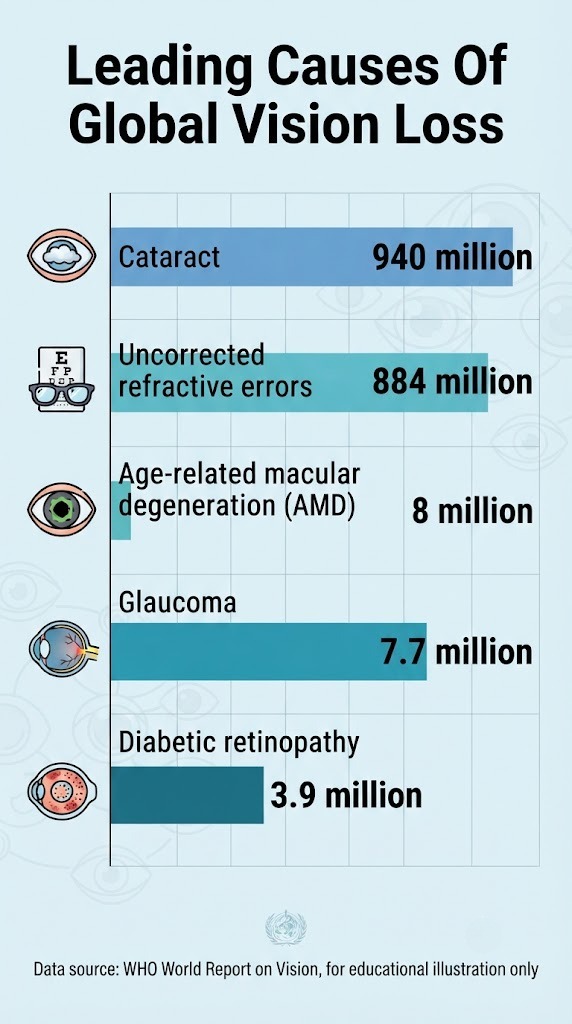 Jeffrey93981043's tweet photo. Lots of vision‑loss cases can be avoided with proper care.👁️Leading causes of global vision loss|WHO Data📊Cataract & uncorrected refractive errors affect hundreds of millions of people.
Drop your thoughts in comments👇
#EyeHealth #Myopia #Blindness #GlobalHealth https://t.co/mJ7iRq9ykS