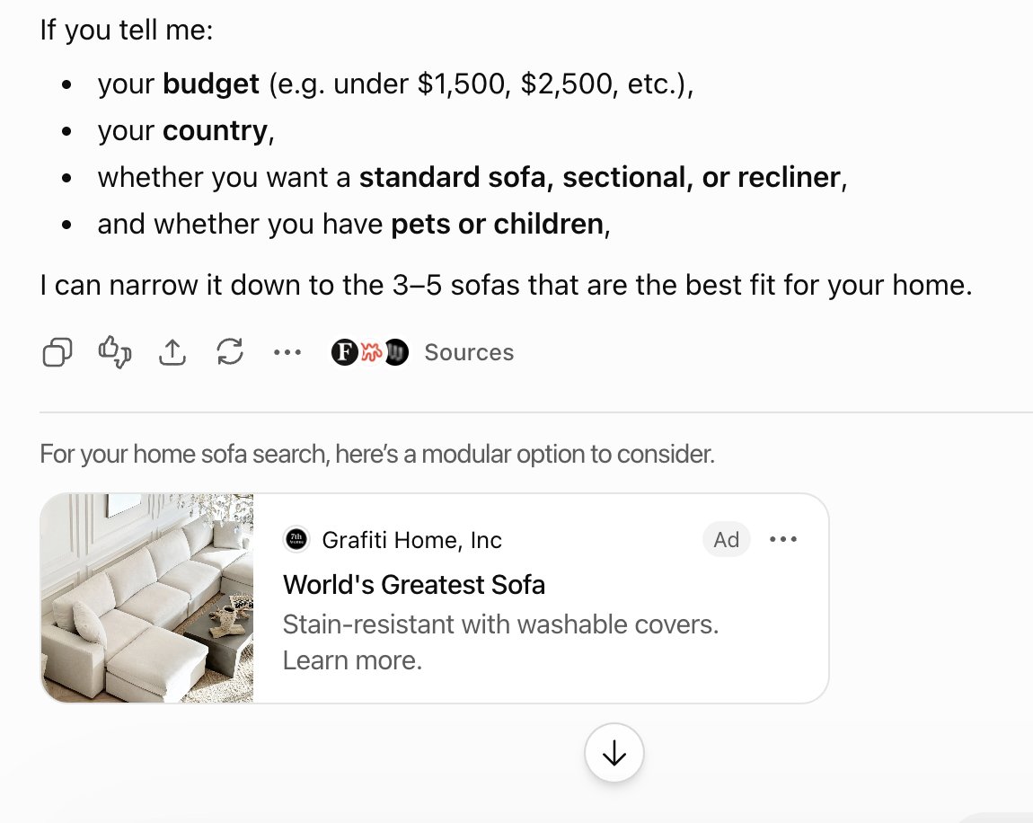 SERPalerts's tweet photo. ChatGPT is testing out a new ad display within its results, showing a descriptive heading that appears directly above the ad. 

This is something that Google's AI Mode has had in its search results for some time now.

📖 More details on this experiment: https://t.co/KBXXPdv1d0

📧 To keep updated on SERP changes, subscribe to my monthly newsletter: https://t.co/xFXEBds1CA

🔎You can analyse your live ChatGPT results in @serplens (now on MacOS): https://t.co/QmDSUvCR0j