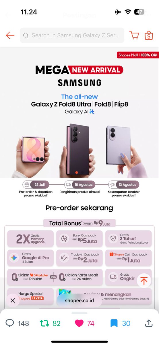 _saaazh's tweet photo. @ShopeeID “Nikmatin konten di #GalaxyZFold8 jadi lebih seru dengan rasio main screen 4:3 #FoldTheDoubt #ThisIsGalaxyZFold8xShopee”

Tampilannya pasti makin nyaman dan puas banget! Semoga Galaxy Z Flip8 ini bisa jadi rezeki dan keberuntungan aku kali ini, aamiin 🤲🏻✨

66 https://t.co/QqOd7vTG1R