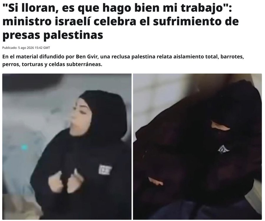 ActualidadRT's tweet photo. El ministro de Seguridad Nacional de Israel publica un video en el que se ve a mujeres palestinas privadas de libertad describiendo sus experiencias en centros penitenciarios israelíes

Acompañando el material, escribe: "Si lloran, significa que estoy haciendo un buen trabajo" 👇 https://t.co/jc29FE4adc