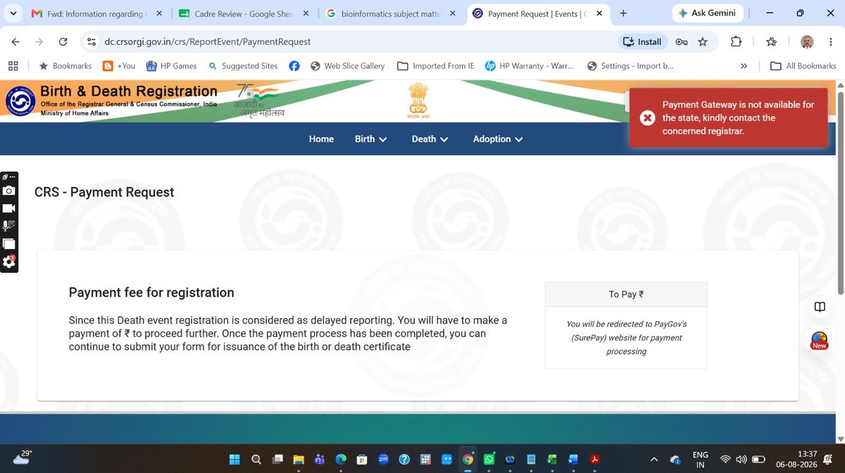 ssaran1965's tweet photo. @CensusIndia2027 @DCO_UP Unable to complete the application for registration of death. Payment gateway of the State (U.P.) not available. @PIBHomeAffairs https://t.co/zRBEQ7qmd7