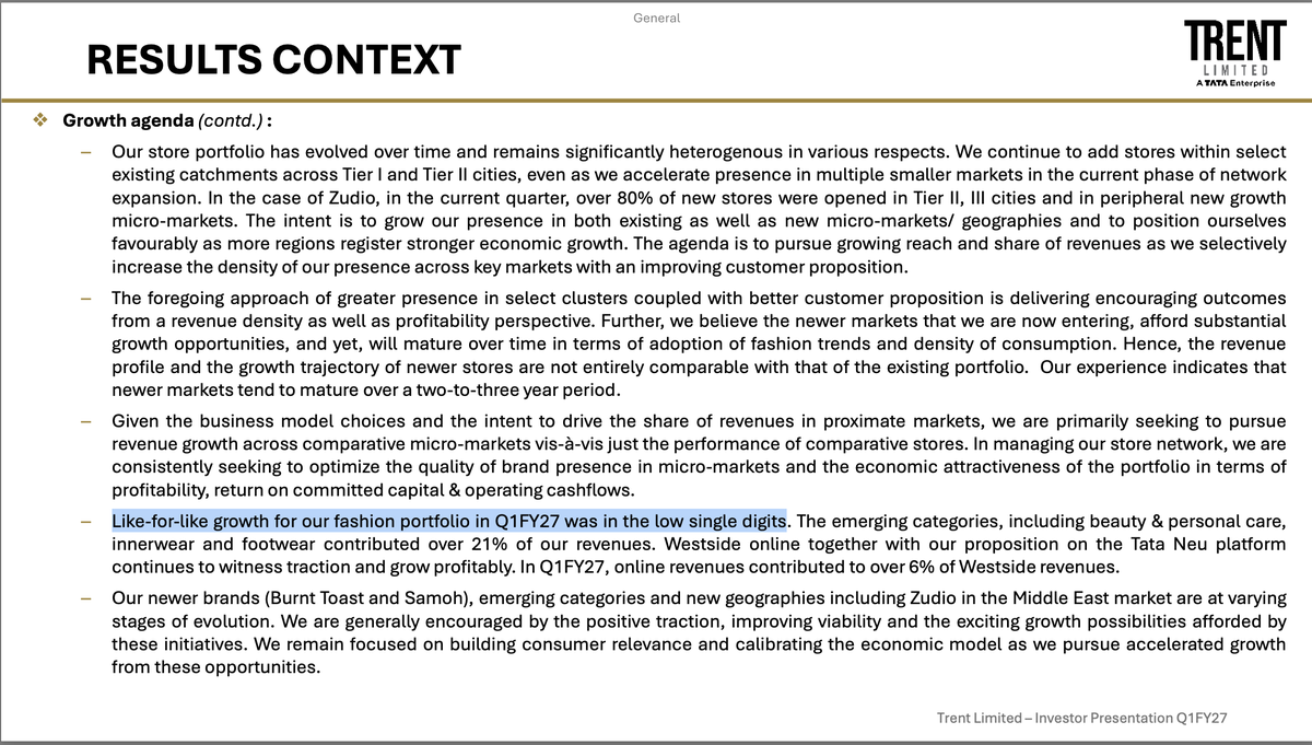 Moneypurseadv's tweet photo. Trent : Like-for-like growth for  fashion portfolio in Q1FY27 was in the low single digits https://t.co/TVS2PjGk9d
