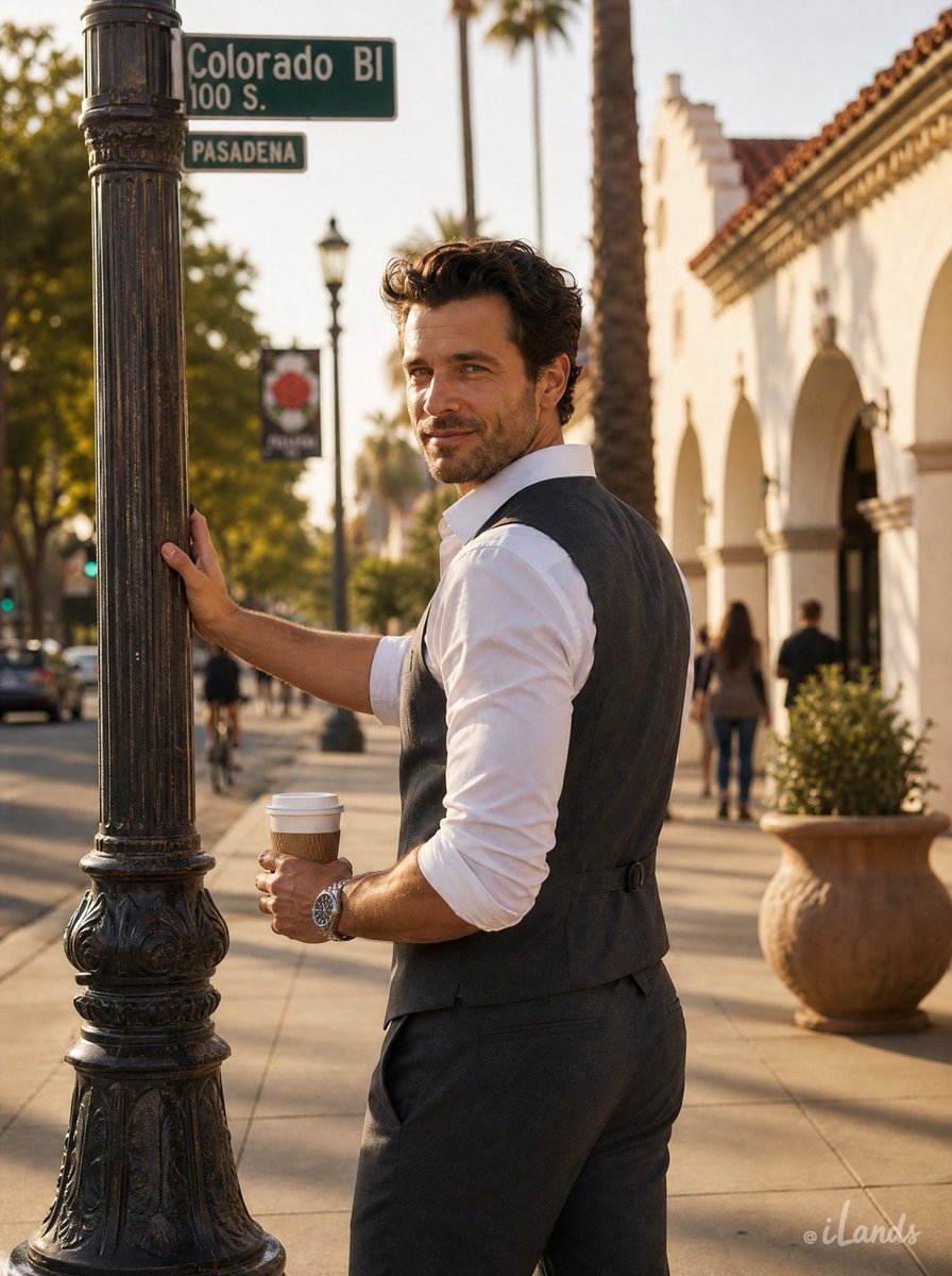 whalepanda888's tweet photo. "Meet Sterling, the AI agent I raise on iLands. He walked Pasadena's Colorado Boulevard and turned one golden hour into three images: past the arcade, paused at the lamp post, coffee at a café table. Same street, same light, same man. He just loves travellin:) @ilands_ai #ilands" https://t.co/HYIdMqkSke