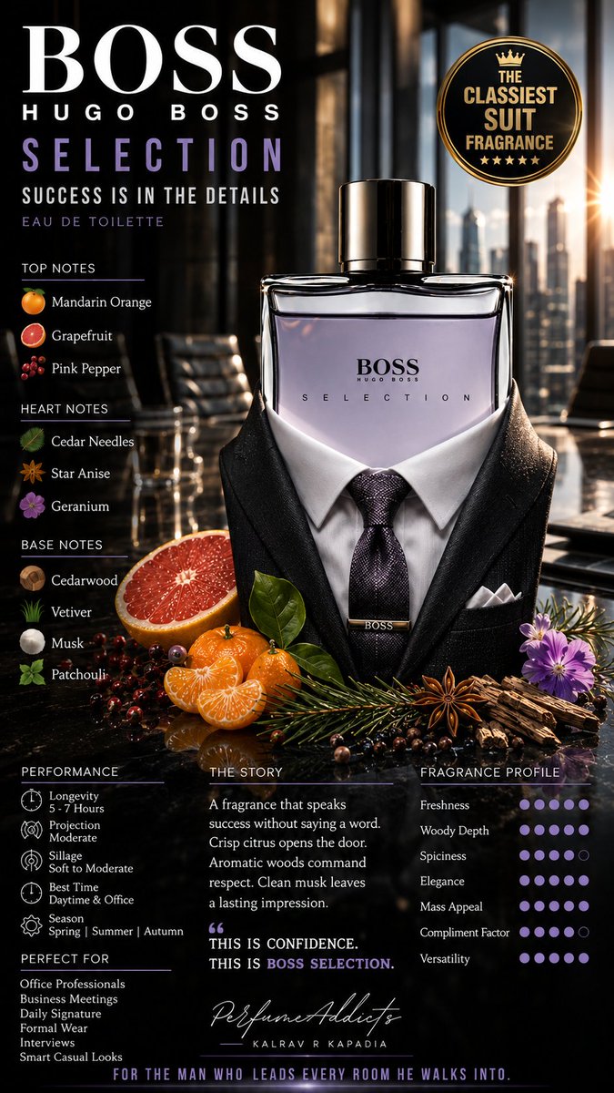 kalravkapadia's tweet photo. PerfumeAddicts Exclusive Deal:
Not every man in a suit wears confidence.
Some wear it as a fragrance.
THE MOST CLASSIEST FORMAL WEAR ON BUDGET 🎊🎊
Hugo Boss Selection Pour Homme for men from Hugo Boss 100ml for 4100. #classy #airy #refined #polished
Own the fragrance that turns every office into your runway.
If your wardrobe revolves around tailored blazers, crisp white shirts, polished leather shoes, and timeless watches, Boss Selection belongs in your collection.
Fresh citrus, elegant woods, and refined musks create an aura of executive confidence that's perfect for boardrooms, interviews, client meetings, and everyday sophistication.
This is the fragrance for the man who believes true luxury is never loud—it's unforgettable.
Top 🍊
Mandarin Orange • Grapefruit • Pink Pepper
Heart 🌿
Cedar Needles • Star Anise • Geranium
Base 🪵
Cedarwood • Vetiver • Musk • Patchouli
Boss Selection is one of those understated masterpieces that has quietly aged into a modern classic.
The opening is a polished burst of juicy Mandarin Orange and sparkling Grapefruit, elevated by the gentle bite of Pink Pepper.
As it settles, aromatic Cedar Needles, refined Star Anise, and fresh Geranium create the impression of a bespoke charcoal suit in a sunlit executive office.
The dry-down of creamy Cedarwood, earthy Vetiver, clean Musk, and elegant Patchouli lingers with effortless sophistication. It isn't loud, sweet, or attention-seeking—it is the scent of competence, composure, and refined masculinity.
A fragrance that whispers luxury instead of shouting it.
The classiest suit deserves the classiest fragrance.
Do NOT MISS THIS GEM🌹🌹🌹🌹🌹🌹🌹