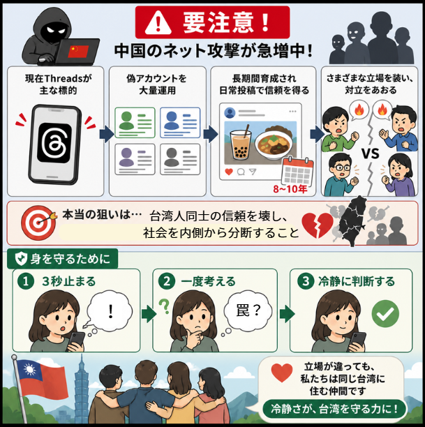 SayaVTuberJP's tweet photo. ⚠️今年11月、台湾では重要な地方選挙が行われる。ここ数日、台湾のSNSでは「中国によるネット工作に注意してほしい」という警告が相次いでいます。
【注意喚起】8月に入り、中国による台湾へのネット工作が急増しています。ピークは9〜10月になる可能性が高いとされています。

中国のネット工作で最も警戒すべきなのは、「台湾人になりすますこと」です。

・「台派」「緑」「青」「白」（※台湾の各政治勢力）など、さまざまな立場を装った偽アカウントを大量に運用
・各陣営になりすまして過激・扇動的な投稿を行い、台湾人同士の対立をあおる
・多くのアカウントは数年前から長期間育成され、普段は日常やグルメなど、ごく普通の投稿で信頼を得ている
・現在、最も標的になっているのは、台湾で利用者の多いThreads

彼らの最終目的は、台湾人に「中国を好きになってもらう」ことではありません。

本当の狙いは、「台湾人同士の信頼を壊す」ことです。政府や制度、そして立場の異なる人々への不信感を広げ、社会を内側から分断しようとしているー。

▲リプ欄に以下を載せます：
・台湾で拡散されている警告文の原文と日本語訳
・複数の警告文を読んで、私自身が感じたこと