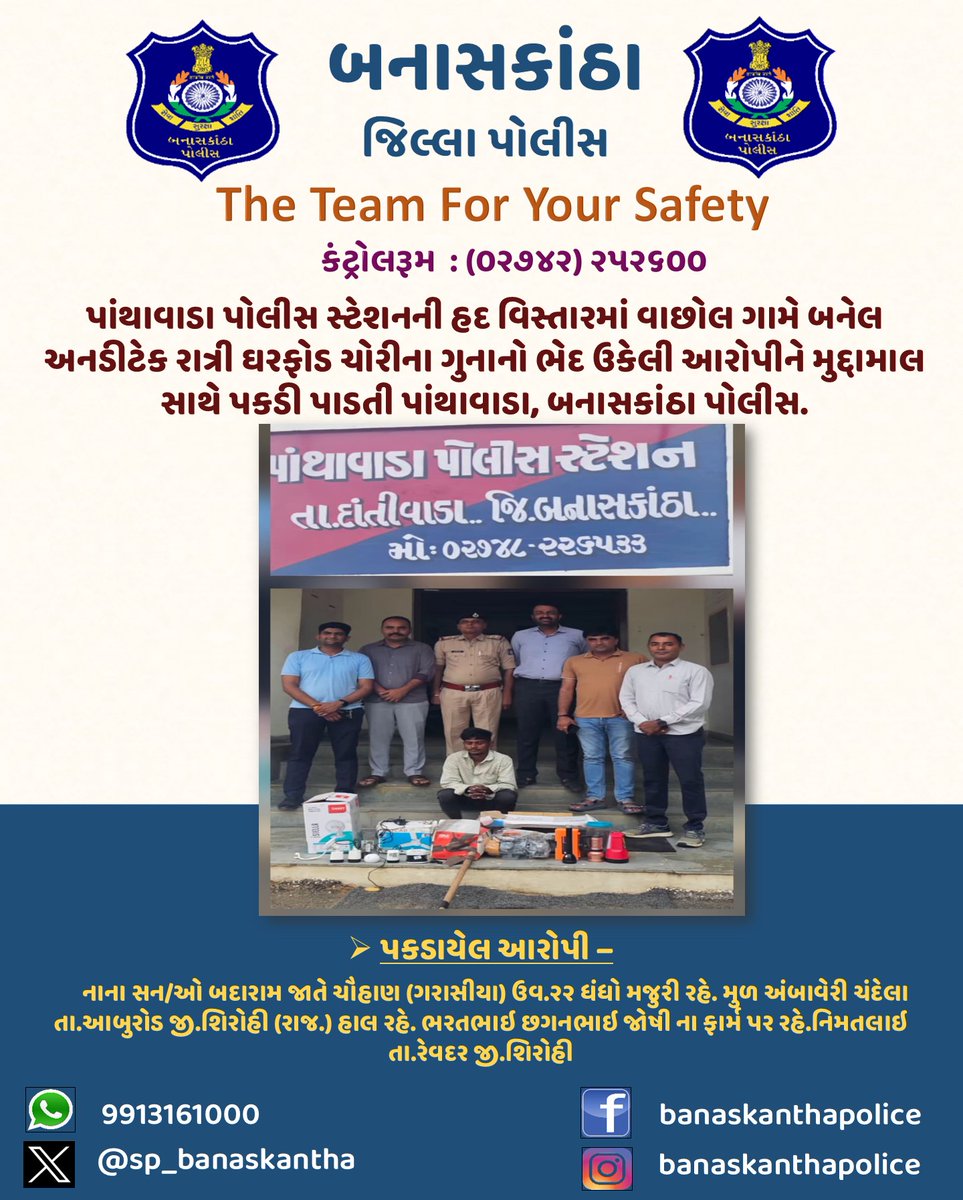 SP_Banaskantha's tweet photo. પાંથાવાડા પોલીસ સ્ટેશનની હદ વિસ્તારમાં વાછોલ ગામે બનેલ અનડીટેક રાત્રી ઘરફોડ ચોરીના ગુનાનો ભેદ ઉકેલી આરોપીને મુદ્દામાલ સાથે પકડી પાડતી પાંથાવાડા, બનાસકાંઠા પોલીસ. #banaskanthapolice 
@sanghaviharsh 
@dgpgujarat 
@GujaratPolice 
@IGP_Banaskantha 
@CMOGuj https://t.co/lbzYqF25e1