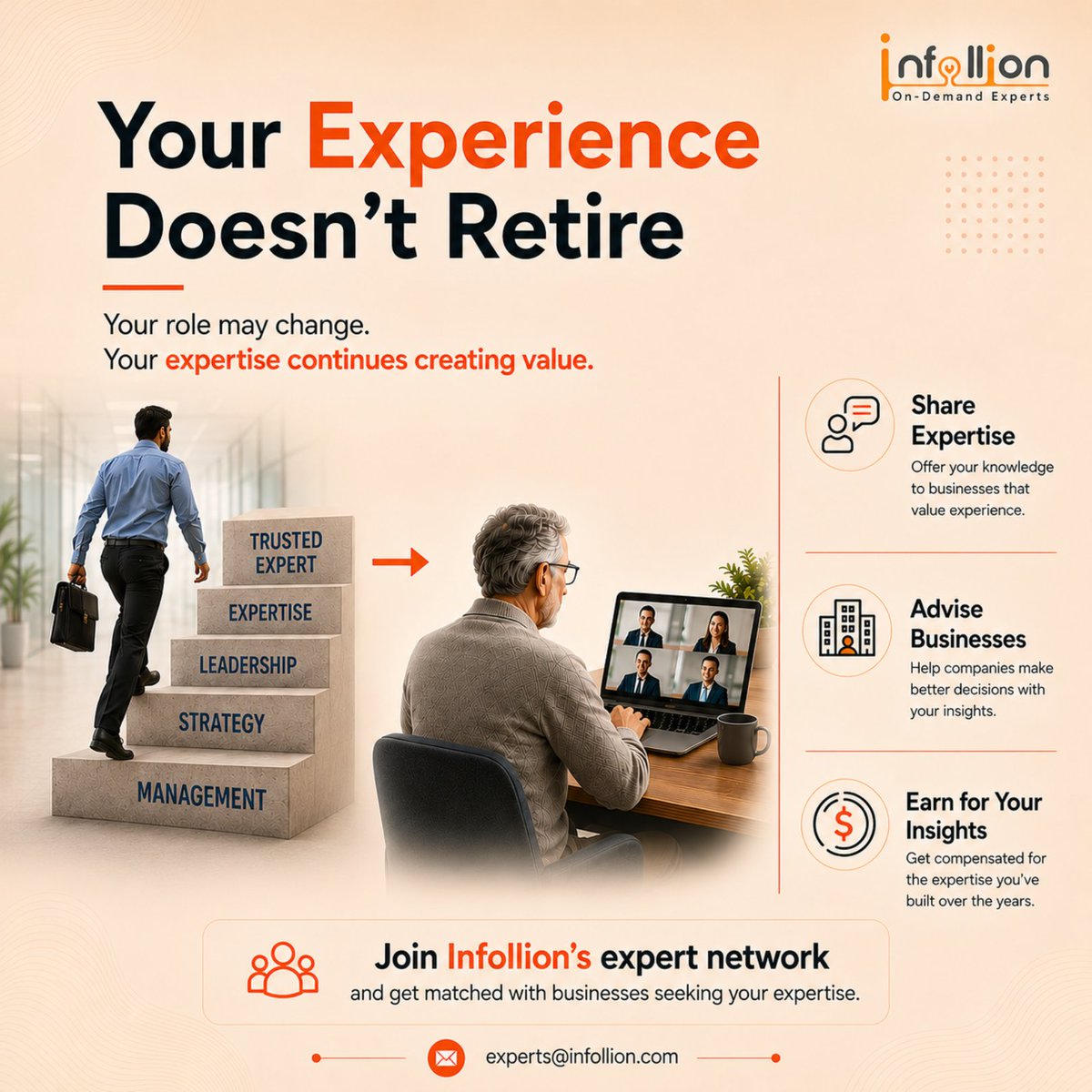 infollion's tweet photo. Your job may change. Your expertise doesn't.

Turn years of experience into meaningful consulting opportunities with Infollion.

📩 experts@infollion.com

#ExpertNetwork #Consulting #Leadership #IndustryExperts https://t.co/Ase8sVjF3V